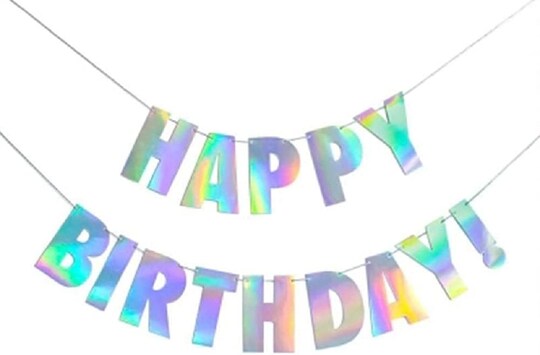 Citrus; Pre-Strung Happy Birthday Sign - NO DIY - Holographic Hanging Banner Iridescent White Bunting String Flag Garland; Category:Banners; Image:1
